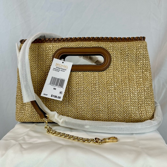 NWT Michael Kors Rosalie Clutch, Straw & Walnut Leather - Picture 4 of 6